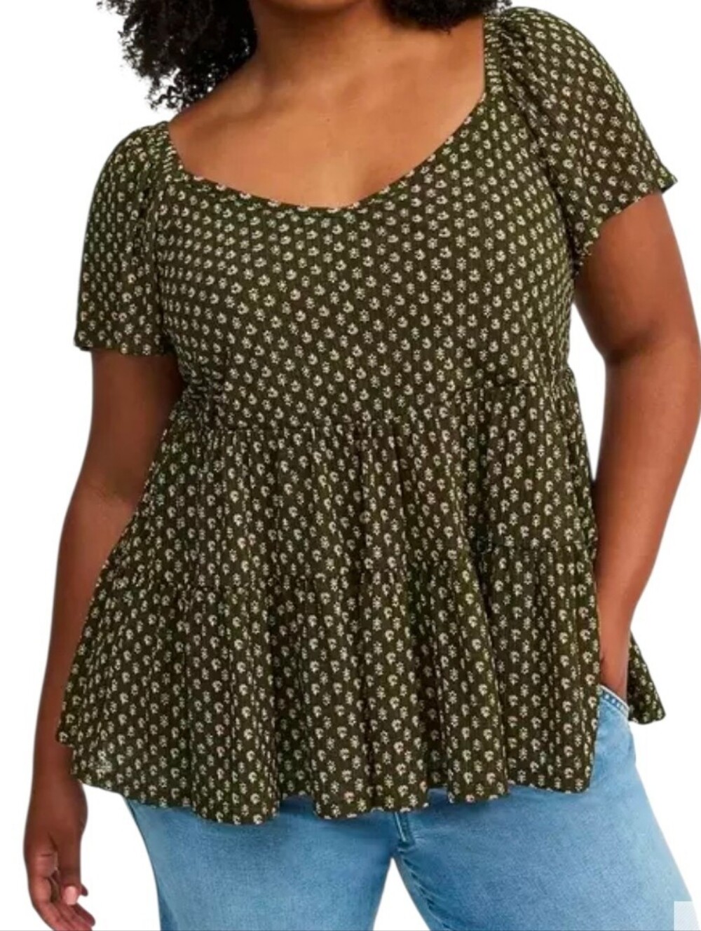 Torrid Flutter Sleeve Babydoll Top Tiered Lined Gauze Knit Green Floral 2X